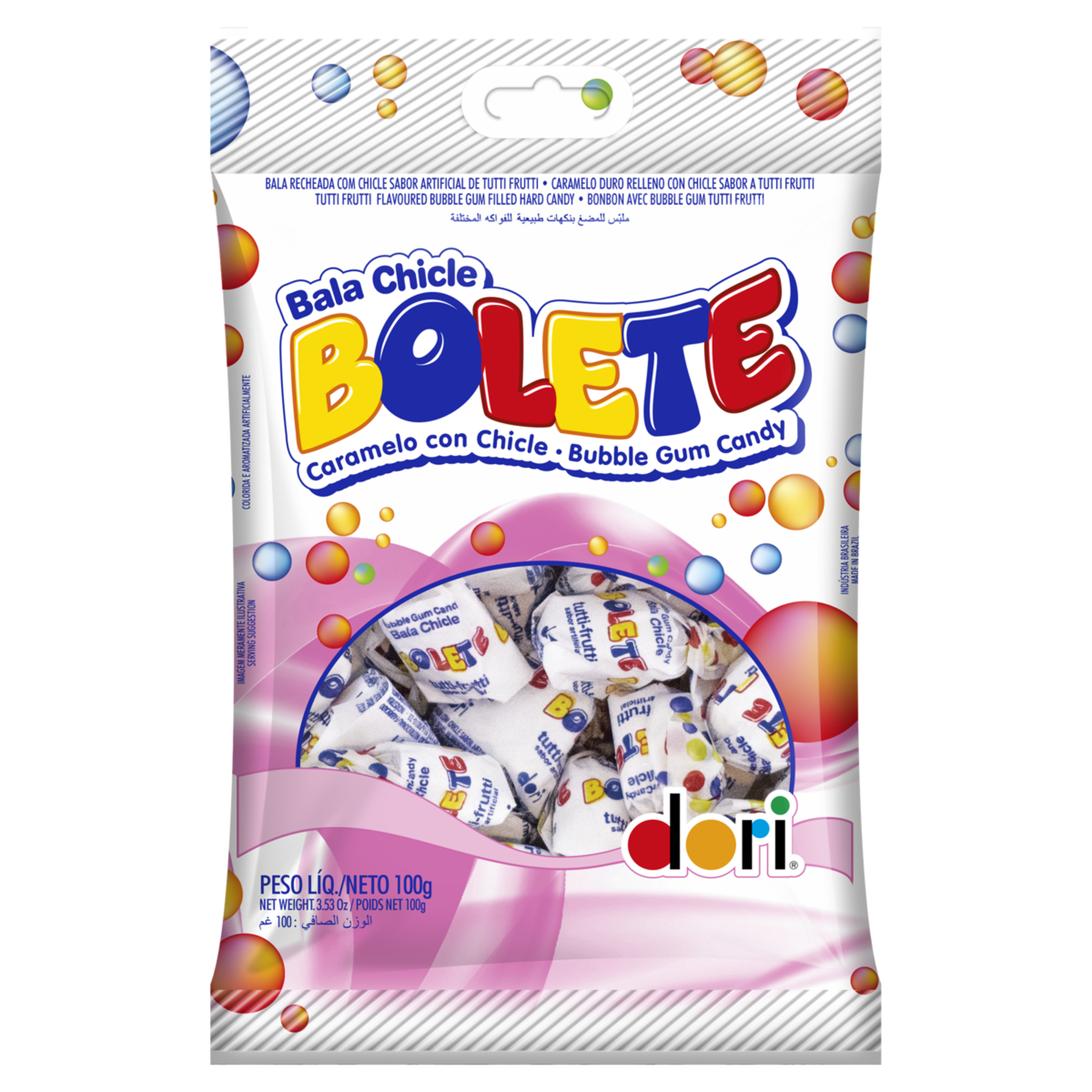 Bala Tutti Frutti Recheada com Chicle Bolete Dori Pacote 100g