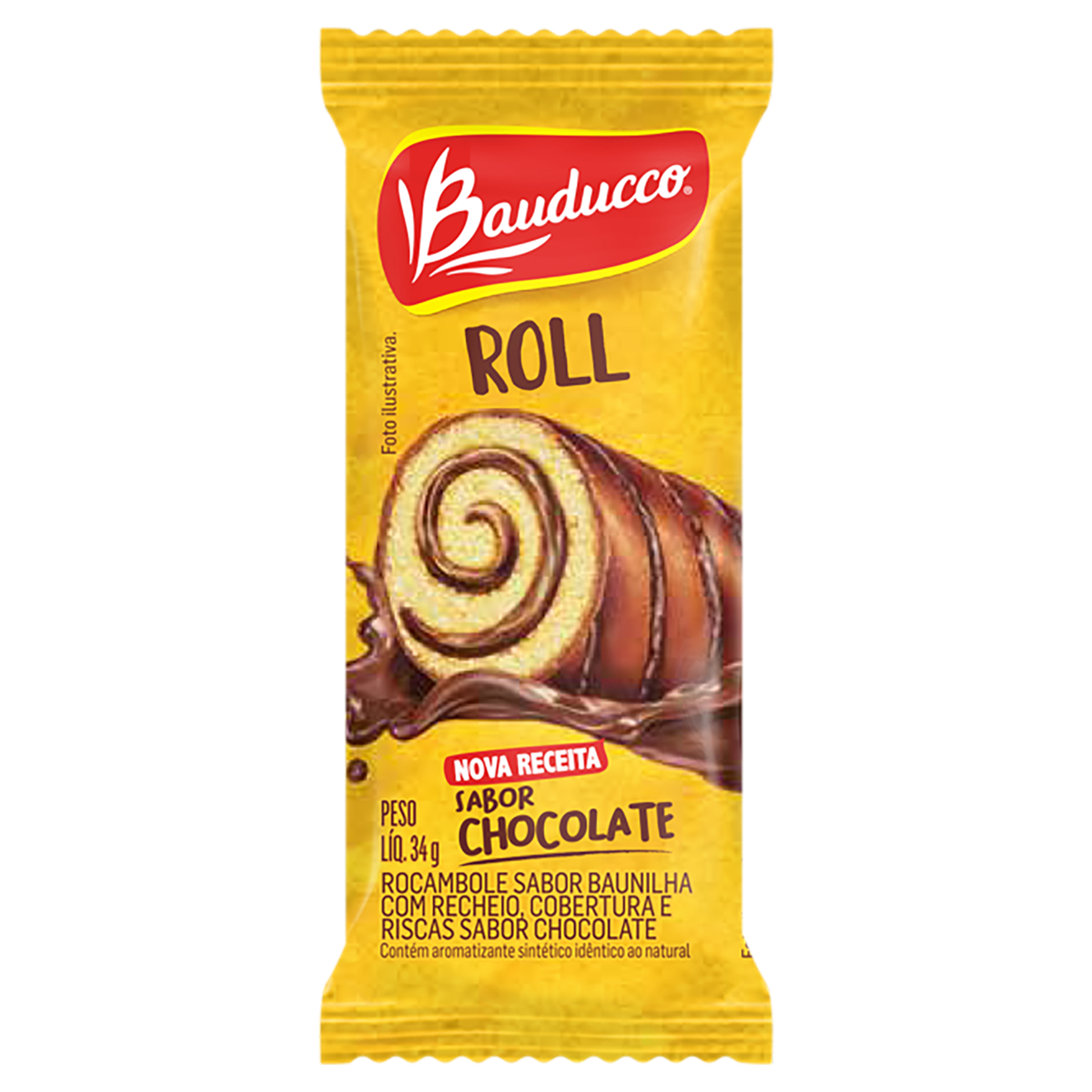 Rocambole Baunilha Recheio e Cobertura Chocolate Roll Bauducco Pacote 34g