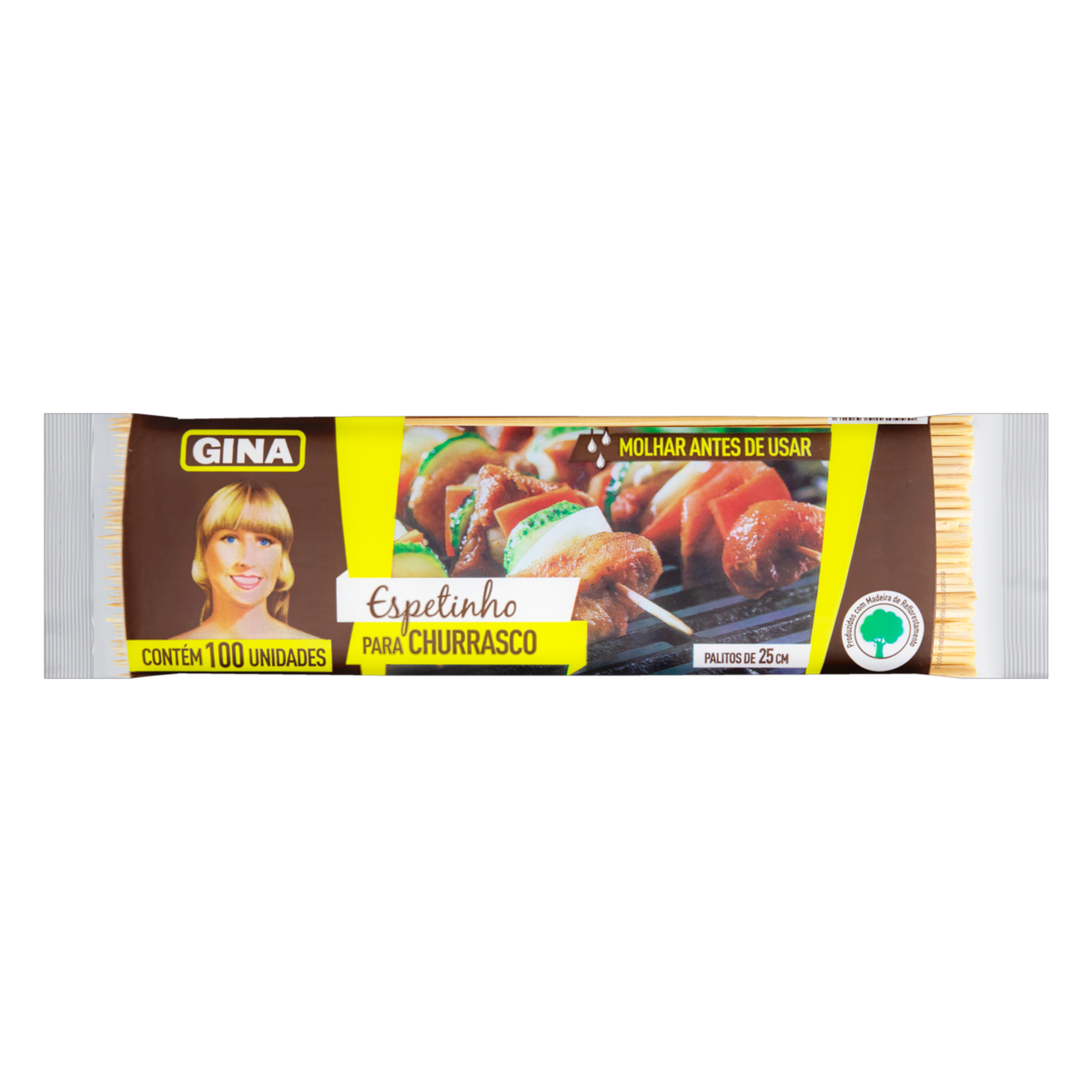 Espetinho para Churrasco Madeira Gina 25cm Pacote 100 Unidades