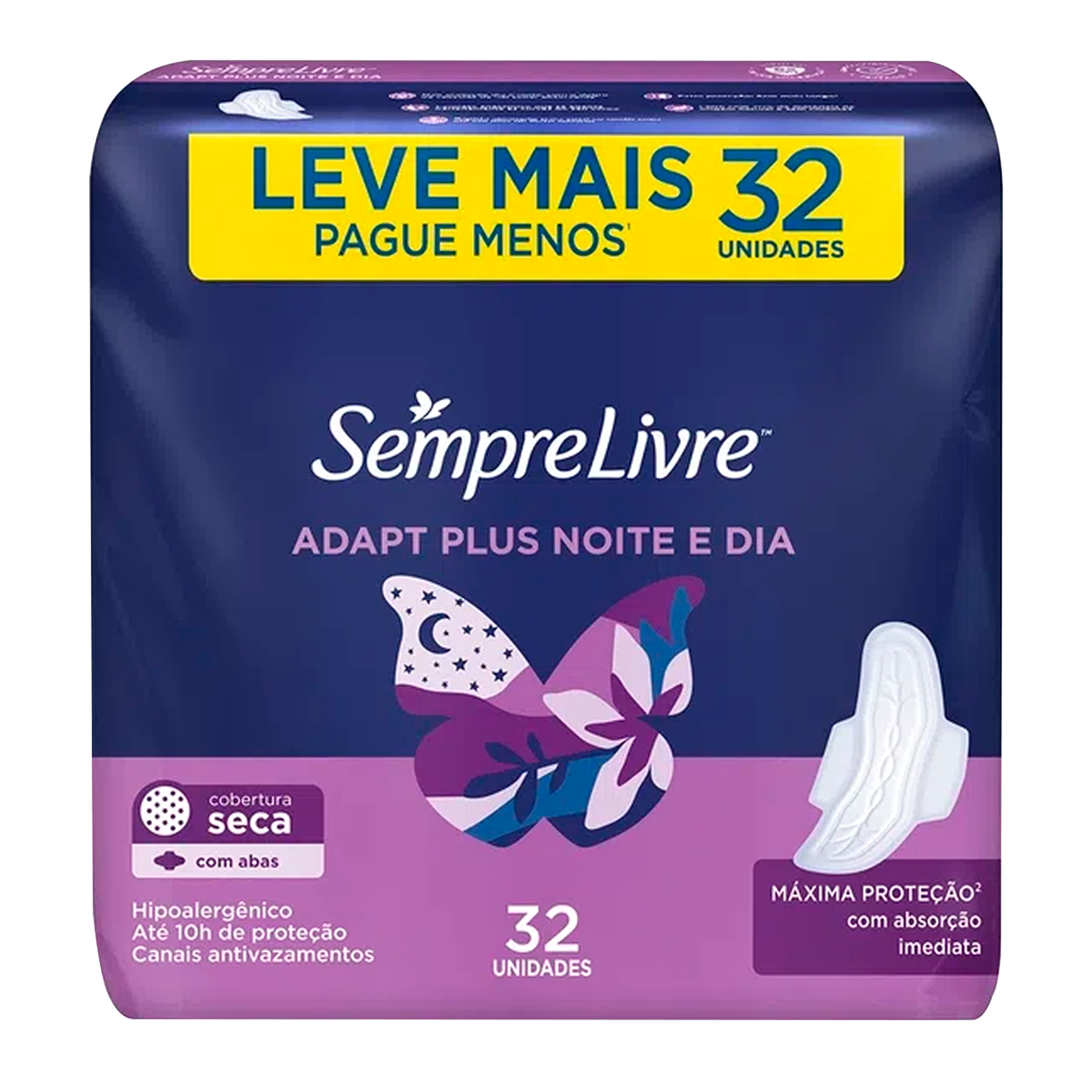 Absorvente Adapt Plus Noite e Dia Seca com Abas Sempre Livre Pacote C/32 Unidades - Embalagem Leve Mais Pague Menos