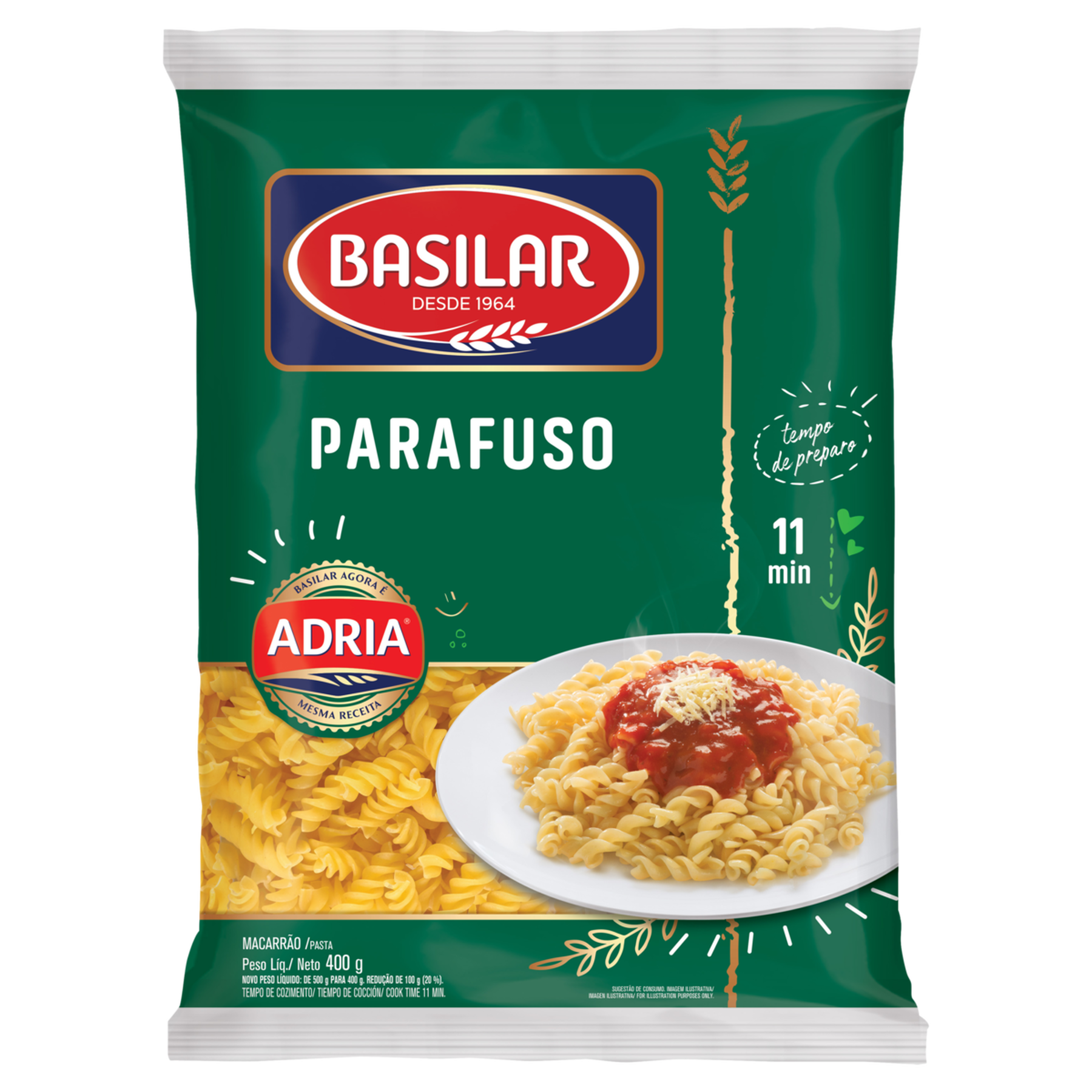 Macarrão de Sêmola Parafuso Basilar Pacote 400g