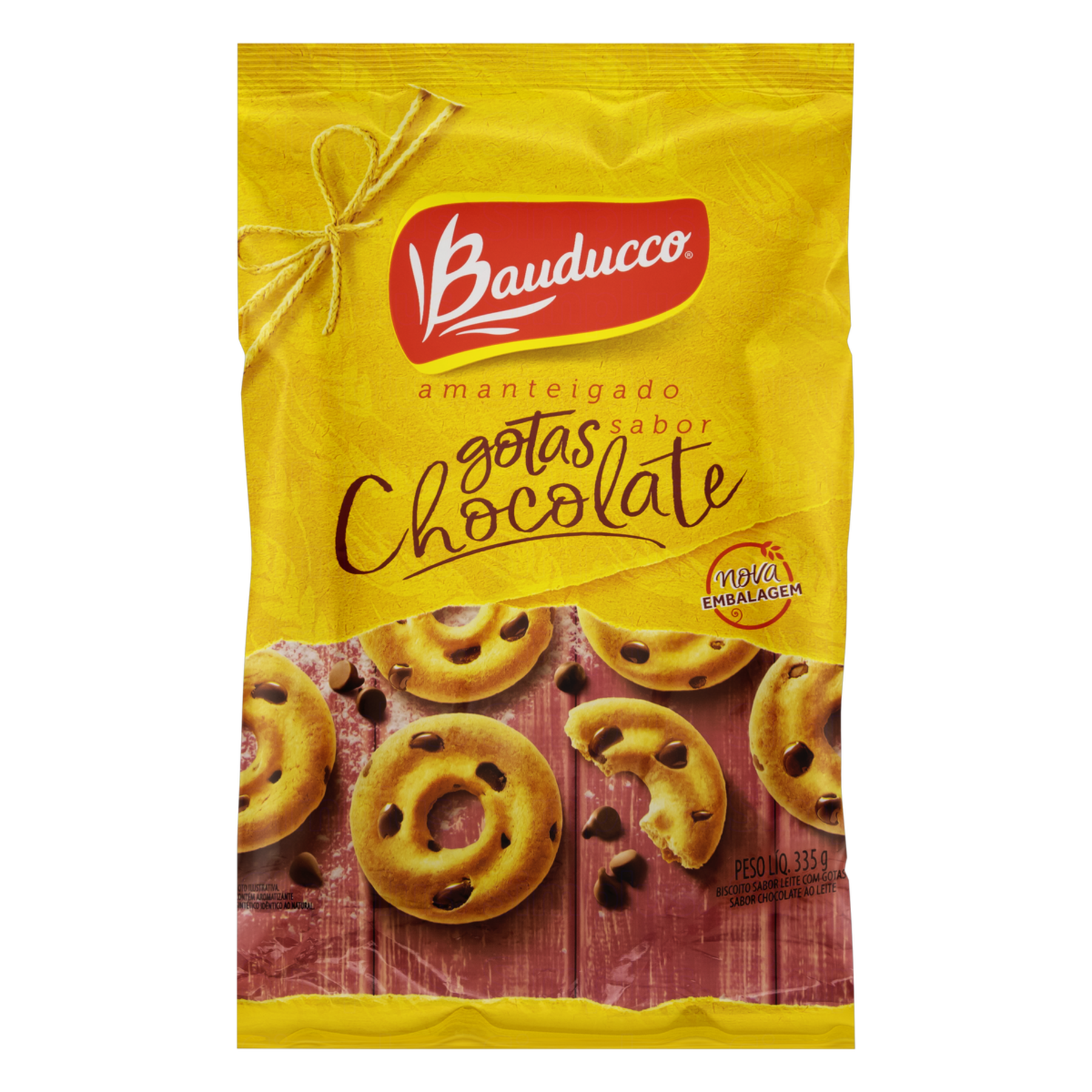 Biscoito Amanteigado com Gotas de Chocolate Bauducco Pacote 335g - Embalagem Econ&ocirc;mica