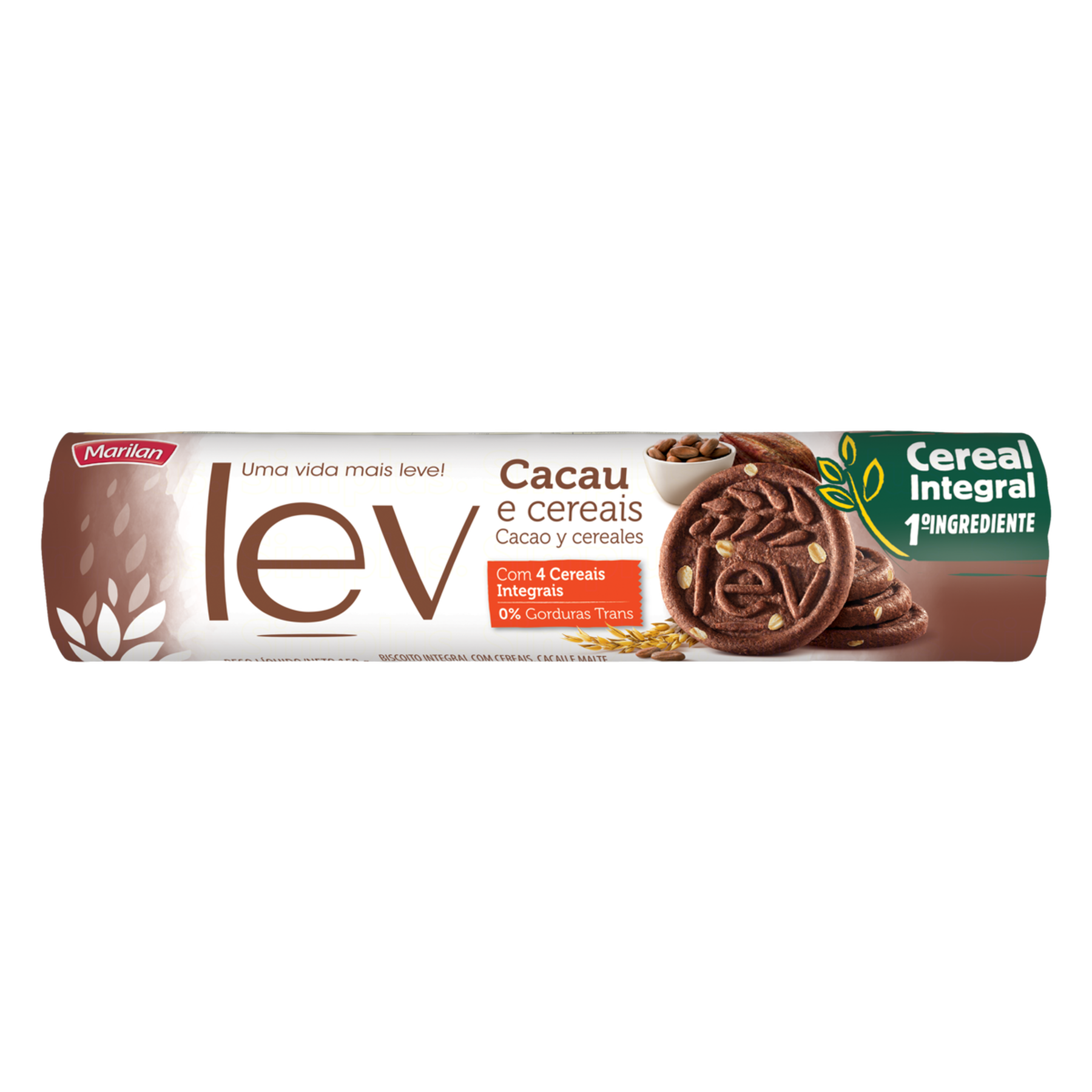 Biscoito Integral Cacau e Cereais Lev Marilan Pacote 150g