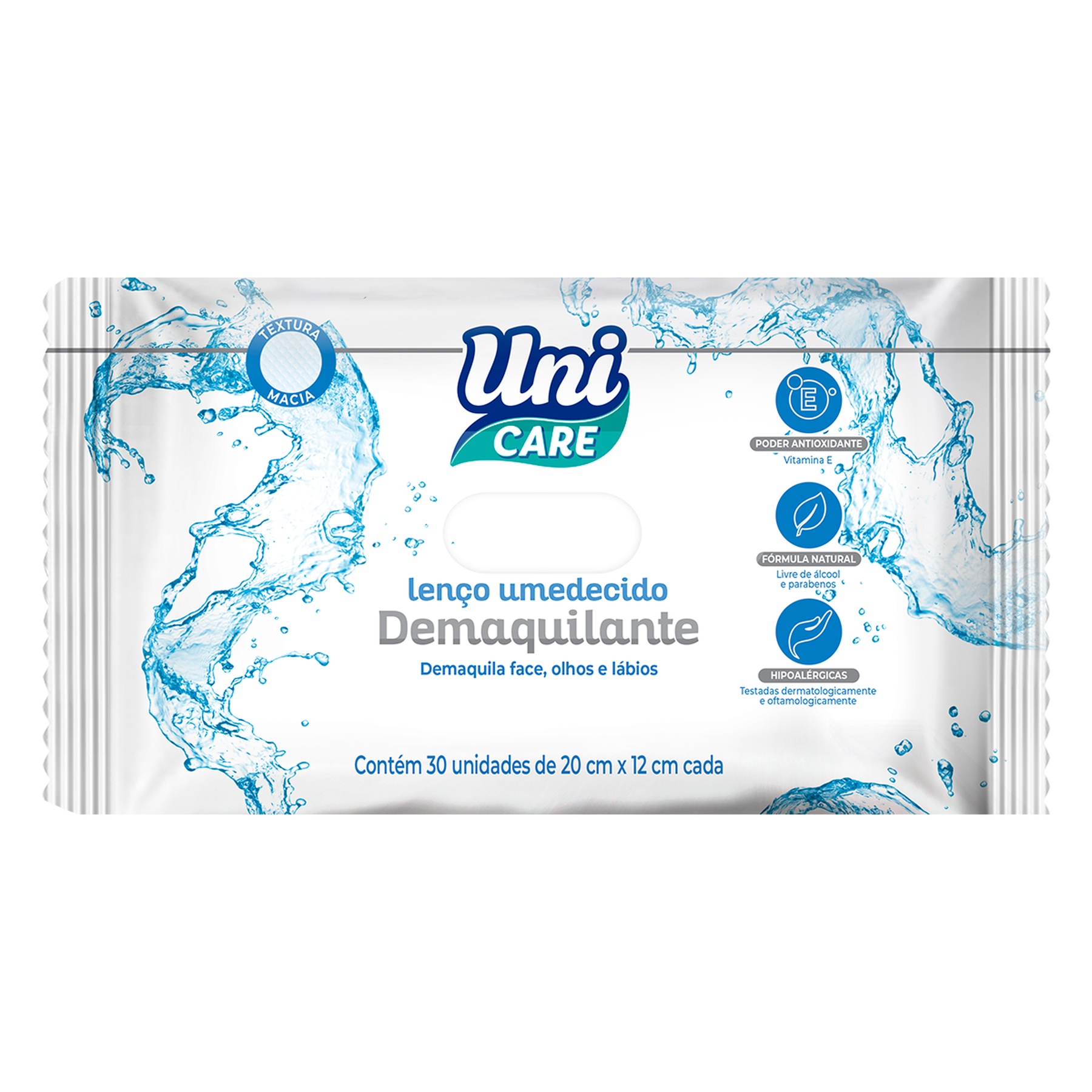 Lenço Umedecido Demaquilante Uni Care 20x12cm C/30 Unidades